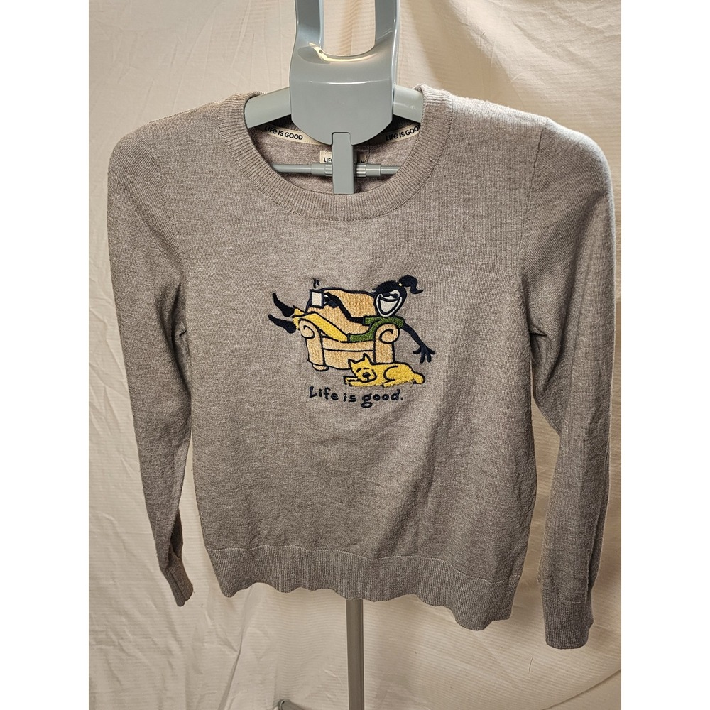 Life is Good Embroidered Dog Jackie Armchair Knit Crewneck Sweater Gray Medium M